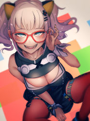Rule 34 | 1girl, :d, absurdres, at2., bare shoulders, bespectacled, black nails, blue eyes, blush, breasts, cleavage, cleavage cutout, clothing cutout, glasses, highres, kaguya luna, looking at viewer, nail polish, open mouth, red-framed eyewear, red thighhighs, smile, solo, teeth, the moon studio, thighhighs, twintails, virtual youtuber, white hair