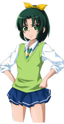 Rule 34 | 10s, 1girl, diamond (shape), green eyes, green hair, green necktie, green sweater vest, highres, matching hair/eyes, midorikawa nao, nanashishi, necktie, open mouth, ponytail, precure, school uniform, serious, skirt, sleeves rolled up, smile precure!, solo, sweatdrop, sweater vest