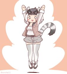 Rule 34 | 1girl, animal ears, arms up, belt, coroha, extra ears, full body, grey hair, jacket, jumping, kemono friends, kemono friends 3, lemur ears, lemur girl, lemur tail, looking at viewer, pink background, ring-tailed lemur (kemono friends), shirt, shoes, short hair, shorts, simple background, solo, sunglasses, tail, thighhighs