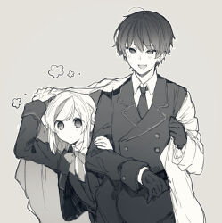 Rule 34 | 1boy, 1girl, :d, blazer, blush, bow, bowtie, buttons, collared shirt, commentary request, cowboy shot, double-breasted, double bun, expressionless, fang, gloves, greyscale, hair between eyes, hair bun, hand on another&#039;s arm, hand up, ikeuchi tanuma, jacket, leaning to the side, long sleeves, looking at another, looking at viewer, medium hair, melvin (ikeuchi tanuma), monochrome, necktie, open clothes, open jacket, open mouth, original, raised eyebrows, rije (ikeuchi tanuma), shadow, shirt, short hair, sidelocks, skin fang, smile, solid eyes, straight-on, sweatdrop, swept bangs