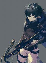 Rule 34 | 1boy, arknights, aruke0, belt, bishounen, black hair, black shirt, blue eyes, bow (weapon), cape, crossbow, faust (arknights), from side, highres, male focus, pants, pointy ears, shirt, simple background, solo, spots, tail, weapon