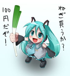 Rule 34 | 1girl, aged down, aqua hair, aqua necktie, black thighhighs, blouse, child, collared shirt, female focus, food, from above, full body, gradient background, grey shirt, hair between eyes, hatsune miku, long hair, looking up, necktie, shirt, solo, spring onion, taicho128, tattoo, thighhighs, translated, twintails, v-shaped eyebrows, vegetable, very long hair, vocaloid