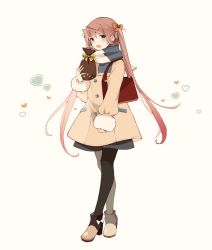Rule 34 | 1girl, asagumo (kancolle), bad id, bad twitter id, bag, black legwear, blush, boots, bow, brown hair, buttons, full body, fur trim, gift, gift bag, grey eyes, hair bow, handbag, heart, holding, holding gift, jacket, kantai collection, long hair, long sleeves, open mouth, scarf, shakemi (sake mgmgmg), simple background, smile, solo, twintails, valentine, yellow background