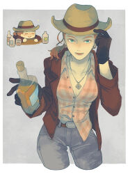Rule 34 | 1girl, alcohol, arm up, belt, belt buckle, bottle, breasts, brown gloves, bubble, buckle, chibi, cleavage, collared shirt, cropped legs, denim, drunk, fallout (series), fallout: new vegas, gloves, green eyes, grey background, hat, hat ribbon, holding, holding glass bottle, jacket, jewelry, looking at viewer, lower teeth only, medium breasts, necklace, on table, pink shirt, plaid, plaid shirt, ponytail, red hair, ribbon, rose of sharon cassidy, sayodoko, shirt, short hair, smile, solo, standing, straw hat, table, teeth, unbuttoned, whiskey, wine bottle