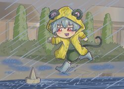 Rule 34 | 2girls, animal ears, blush, boots, coat, commentary request, drddrddo, ears through hood, full body, green shorts, grey hair, hood, hood up, hooded coat, it (stephen king), long sleeves, medium bangs, mouse ears, mouse girl, mouse tail, multiple girls, nazrin, nyon (cookie), open mouth, outdoors, paper boat, puddle, rain, raincoat, red eyes, rubber boots, running, short hair, shorts, sidewalk, smile, solo focus, storm drain, tail, touhou, water, yellow coat, yellow raincoat, yuuhi (cookie)