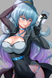 Rule 34 | .live, 1girl, arm up, belt, biro-budou, blue eyes, blue hair, breasts, card, cleavage, collarbone, commentary request, gloves, grey background, jacket, large breasts, long hair, looking at viewer, open mouth, ponytail, rikumu, simple background, solo, virtual youtuber