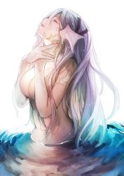 Rule 34 | 1girl, au ra, breasts, closed eyes, completely nude, final fantasy, final fantasy xiv, fingernails, hair between eyes, hand on neck, highres, large breasts, light purple hair, long hair, mermaid, monster girl, nude, own hands together, parted lips, red lips, solo, submerged, tamtam ex, very long hair, warrior of light (ff14), water, wet, wet hair, white background