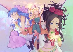 Rule 34 | 3girls, bianca (dq5), black hair, blonde hair, blue eyes, blue hair, boots, bow, bracelet, braid, breasts, cape, choker, cleavage, deborah (dq5), dragon quest, dragon quest v, dress, earrings, closed eyes, fire, flora (dq5), flower, green eyes, hair bow, hair flower, hair ornament, hair over shoulder, half updo, highres, jewelry, long hair, magic, multiple girls, necklace, pantyhose, pink bow, red flower, red rose, ring, rose, sanndo, single braid, small breasts, water