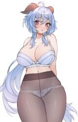 Rule 34 | 1girl, absurdres, ahoge, arms behind back, blue bra, blue hair, bow, bow panties, bra, breasts, cleavage, commentary, commentary request, cowboy shot, ganyu (genshin impact), genshin impact, hair between eyes, highres, horns, large breasts, long hair, looking at viewer, meme, navel, nemuaki, panties, panties under pantyhose, pantyhose, purple eyes, simple background, solo, standing, stomach, thick thighs, thighs, twitter strip game (meme), underwear, underwear only, very long hair, white background