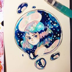 Rule 34 | 1girl, art tools in frame, artist name, bad id, bad instagram id, blue eyes, blue hair, bubble, looking at viewer, meyoco, multicolored hair, original, photo (medium), pink hair, serious, solo, traditional media