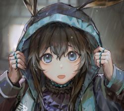 Rule 34 | 1girl, adjusting hood, amiya (arknights), animal ears, arknights, ascot, black coat, blue ascot, blue eyes, brown hair, coat, collar, commentary, ears through headwear, english commentary, frilled collar, frills, hair between eyes, highres, hood, hood up, hooded coat, jewelry, long hair, looking at viewer, multiple rings, neck ring, open mouth, pino ko, portrait, rabbit ears, rain, ring, solo