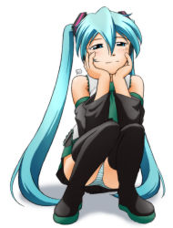 Rule 34 | 1girl, black footwear, black skirt, blue eyes, blue hair, blush, boots, detached sleeves, green neckwear, grey shirt, hands on own cheeks, hands on own face, hatsune miku, head rest, kit (studio), long hair, looking at viewer, necktie, panties, pantyshot, shirt, skirt, sleeveless, sleeveless shirt, smile, solo, striped clothes, striped panties, thigh boots, twintails, underwear, upskirt, very long hair, vocaloid, white background, white panties