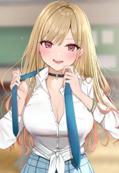 Rule 34 | 1girl, bag, barbell piercing, black choker, blonde hair, blue necktie, blue skirt, blush, breast pocket, breasts, choker, classroom, cleavage, collarbone, collared shirt, colored tips, ear piercing, earrings, facing viewer, fake nails, gyaru, highres, industrial, industrial piercing, jewelry, kitagawa marin, large breasts, leaning forward, light particles, long hair, looking at viewer, loose necktie, multicolored hair, multiple earrings, nail polish, necktie, open mouth, piercing, pink nails, pleated skirt, pocket, red eyes, school uniform, shirt, shirt tucked in, skirt, sky, smile, solo, sono bisque doll wa koi wo suru, uiri-na, unbuttoned, unbuttoned shirt, undressing, unworn necktie, white shirt