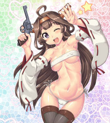 Rule 34 | 10s, 1girl, ;d, ahoge, bikini, blush, boots, breasts, brown hair, cameltoe, commentary request, covered erect nipples, detached sleeves, double bun, enfield no.2 mk1, gun, hair bun, hairband, handgun, hase yu, headgear, heart, heart background, holding, holding gun, holding weapon, kantai collection, kongou (kancolle), long hair, looking at viewer, medium breasts, navel, one eye closed, open mouth, purple eyes, revolver, ribbon-trimmed sleeves, ribbon trim, side-tie bikini bottom, smile, solo, star (symbol), swimsuit, thigh boots, thigh gap, thighhighs, trigger discipline, weapon, white bikini