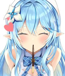 Rule 34 | 1girl, bare shoulders, blue bow, blue bowtie, blue hair, blush, bow, bowtie, cleavage cutout, closed eyes, clothing cutout, elf, facing viewer, flower, food, food in mouth, half updo, hat, heart, highres, hololive, long hair, mouth hold, mugicho (kdks5554), multicolored hair, pocky, pointy ears, shirt, sleeveless, sleeveless shirt, solo, streaked hair, upper body, virtual youtuber, white flower, white hat, white shirt, yukihana lamy