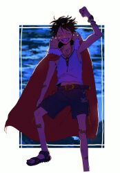 Rule 34 | 1boy, ^ ^, arm up, bad id, bad twitter id, bandaid, belt, black hair, bracelet, cape, closed eyes, hat, highres, jewelry, male focus, monkey d. luffy, necklace, one piece, red cape, scar, scar on face, shirt, short hair, shorts, sleeveless, sleeveless shirt, smile, straw hat, wudus6