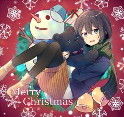 Rule 34 | 1girl, :d, ahoge, alternate costume, bell, black hair, black pantyhose, blue eyes, blue jacket, boots, box, brown footwear, brown skirt, bucket, full body, gift, gift box, green scarf, hair between eyes, holding, holding toy, jacket, jingle bell, kantai collection, looking at viewer, merry christmas, open mouth, pantyhose, scarf, shigure (kancolle), skirt, smile, snowman, solo, stuffed animal, stuffed toy, teddy bear, toy, yukichi (eikichi)
