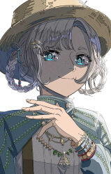 Rule 34 | 1girl, absurdres, arched back, bell, blue eyes, blue ribbon, blue sleeves, boater hat, braid, closed mouth, grey hair, hair ribbon, hair rings, hand up, highres, jewelry, long sleeves, looking at viewer, looking to the side, matilda bouanich, matilda bouanich (the genius&#039;s holiday), natsugu72, neck bell, necklace, reverse:1999, ribbon, shirt, short hair, shrug (clothing), smile, solo, sparkle, sparkling eyes, twin braids, upper body, white background, white shirt, yellow headwear