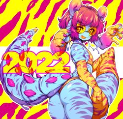 Rule 34 | 1girl, absurdres, animal costume, animal ears, animal print, ass, blue skin, colored sclera, colored skin, cteno (slugbox), flat chest, from behind, head arms, highres, looking at viewer, looking back, monster girl, original, pink hair, shiny skin, short hair, slugbox, solo, spiked tail, standing, striped tail, tail, tiger costume, tiger ears, tiger print, tiger stripes, tiger tail, yellow sclera