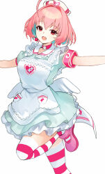 Rule 34 | 1girl, absurdres, ahoge, angel wings, apron, aqua dress, aqua hair, bob cut, breasts, choker, collarbone, colored inner hair, commentary, dress, earrings, fang, feet up, frilled apron, frilled headwear, frills, hair intakes, happy, hat, heart, heart print, highres, idolmaster, idolmaster cinderella girls, idolmaster cinderella girls starlight stage, jewelry, kirarin369, large breasts, looking at viewer, low wings, medium hair, multicolored hair, nurse cap, open mouth, outstretched arms, pill earrings, pink armband, pink choker, pink eyes, pink footwear, pink hair, pink thighhighs, shoes, short sleeves, simple background, smile, solo, sparkle print, spread arms, standing, standing on one leg, striped clothes, striped thighhighs, symbol-only commentary, thighhighs, thighs, two-tone hair, two-tone thighhighs, underbust, white apron, white background, white hat, white thighhighs, white wings, wings, yumemi riamu