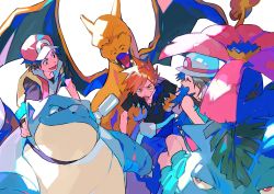 Rule 34 | 1girl, 2boys, 3others, backpack, bag, baseball cap, black hair, black shirt, blastoise, blue oak, brown hair, bucket hat, charizard, claws, commentary request, creatures (company), dragon, fangs, fire, flame-tipped tail, game freak, gen 1 pokemon, hat, highres, jacket, jewelry, leaf (pokemon), looking at another, multiple boys, multiple others, necklace, nintendo, open mouth, orange hair, pokemon, pokemon (creature), pokemon frlg, red (pokemon), shirt, smile, spiked hair, starter pokemon trio, tongue, venusaur, vs seeker, white background, white headwear, yuuichi (bobobo)