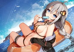 Rule 34 | 1girl, ahoge, bare shoulders, bikini, bird, black jacket, blue eyes, blue sky, blush, braid, breasts, cleavage, cloud, collarbone, commentary request, day, detached collar, food, food in mouth, groin, hair between eyes, hair ornament, headset, holding, holding food, innertube, jacket, kizuna akari, lens flare, long hair, long sleeves, looking at viewer, midriff, musical note, navel, ocean, open clothes, open jacket, orange bikini, outdoors, popsicle, se-u-ra, sidelocks, silver hair, sky, solo, sparkle, striped bikini, striped clothes, swim ring, swimsuit, thigh strap, twin braids, twintails, vertical stripes, very long hair, voiceroid
