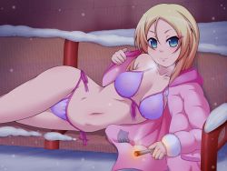 Rule 34 | 1girl, bench, bikini, blonde hair, blue eyes, breasts, cameltoe, cigarette, coat, geewhy, hair ornament, hairclip, lilium noire, long hair, medium breasts, smile, smoking, snow, solo, swimsuit, tanako ayaka, very long hair, when the bells toll