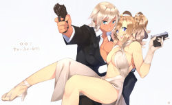 Rule 34 | 007, 23 (real xxiii), 2girls, ahoge, aiming, aiming at viewer, asymmetrical docking, bare legs, bare shoulders, blonde hair, blue eyes, breast press, breasts, cleavage, couple, covered erect nipples, dark-skinned female, dark skin, earrings, finger on trigger, formal, gloves, good end, gun, handgun, high heels, highres, james bond (series), jewelry, large breasts, legs, lips, long hair, looking at viewer, multiple girls, navel, open mouth, original, sandals, sela (23), shoes, short hair, silver hair, simple background, skyfall, smile, suit, translated, trigger discipline, ursula (23), walther, weapon, white background, white gloves, wife and wife, yuri