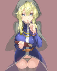 Rule 34 | 1girl, ahoge, bad id, bad pixiv id, black panties, black thighhighs, blonde hair, blue eyes, book, breast press, breasts, capelet, cowboy shot, expressionless, female focus, finger to mouth, goenitz, hair between eyes, highres, hohehohe, holding, holding book, hood, large breasts, looking at viewer, panties, parted lips, shushing, solo, the king of fighters, thigh gap, thighhighs, underwear