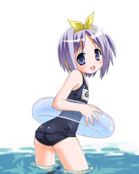 Rule 34 | 00s, 1girl, blue eyes, blue hair, hair ribbon, hiiragi tsukasa, innertube, looking at viewer, lucky star, matching hair/eyes, name tag, one-piece swimsuit, open mouth, partially submerged, ribbon, school swimsuit, solo, swim ring, swimsuit, umekichi