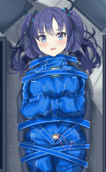 Rule 34 | 1girl, absurdres, alternate costume, bdsm, blue archive, blue eyes, blue suit, blush, bondage, bound, breasts, egg vibrator, formal, halo, highres, large breasts, looking at viewer, lying, purple hair, seirein (seireinnnn), sex toy, solo, straitjacket, suit, twintails, vibrator, yuuka (blue archive)