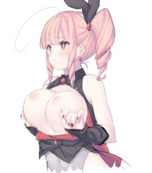 Rule 34 | 1girl, ahoge, black nails, blush, breasts, breasts out, copyright request, covered navel, cross, cross earrings, cross hair ornament, cross necktie, drill hair, earrings, fingernails, hair ornament, highres, jewelry, large breasts, long hair, n (m ohkamotoh), nail polish, nipples, parted lips, pink hair, red eyes, red nails, simple background, single earring, sketch, solo, white background
