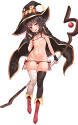 Rule 34 | 10s, 1girl, adapted costume, animal collar, bad id, bad pixiv id, bandaged leg, bandages, bikini, black thighhighs, blunt bangs, blush, boots, breasts, brown hair, brown hat, buckle, button eyes, buttons, cameltoe, cape, collar, covered erect nipples, eyebrows, fingerless gloves, floating, floating object, full body, gem, gloves, groin, hat, head tilt, highres, knee boots, knees together feet apart, kono subarashii sekai ni shukufuku wo!, legs together, long hair, looking at viewer, megumin, micro bikini, mx2j, navel, open mouth, orb, partially visible vulva, red bikini, red eyes, red footwear, red gemstone, short hair, simple background, single thighhigh, small breasts, solo, staff, standing, stomach, sweat, sweatdrop, swimsuit, tassel, thigh gap, thighhighs, walking, wand, white background, wide hips, witch hat