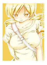 Rule 34 | 10s, 1girl, bag, between breasts, blonde hair, blush, breasts, drill hair, mahou shoujo madoka magica, mahou shoujo madoka magica (anime), sample watermark, shino (ponjiyuusu), shirt, shoulder bag, smile, solo, strap between breasts, tomoe mami, tongue, tongue out, translation request, twin drills, twintails, watermark, yellow background, yellow eyes, yellow theme
