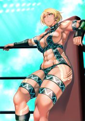Rule 34 | 1girl, abs, absurdres, arm guards, armband, armpits, blonde hair, boots, breasts, brown eyes, cleavage, daikokuya3669, dark skin, green background, highres, large breasts, muscular, muscular female, navel, post, ring dream, rope, short hair, tattoo, thigh boots, thigh strap, thighhighs