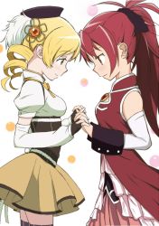 Rule 34 | 10s, 2girls, aoki ume, bare shoulders, beret, blonde hair, detached sleeves, drill hair, face-to-face, fingerless gloves, gloves, hair ornament, hair ribbon, hat, holding hands, interlocked fingers, long hair, magical girl, mahou shoujo madoka magica, mahou shoujo madoka magica (anime), multiple girls, official art, ponytail, red eyes, red hair, ribbon, sakura kyoko, skirt, smile, striped clothes, striped legwear, striped thighhighs, thighhighs, third-party edit, tomoe mami, twin drills, twintails, vertical-striped clothes, vertical-striped legwear, vertical-striped thighhighs, yellow eyes, zettai ryouiki
