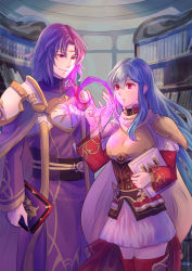 Rule 34 | 1boy, 1girl, :o, aqua hair, armor, book, boots, breastplate, capelet, circlet, cloak, corruption, dark persona, eirika (fire emblem), fire emblem, fire emblem: the sacred stones, fire emblem heroes, hair between eyes, highres, holding, holding book, long sleeves, lyon (fire emblem), magic, nintendo, possession, purple eyes, purple hair, red eyes, riou (pooh920), shoulder armor, sidelocks, skirt, thigh boots, thighhighs, white skirt