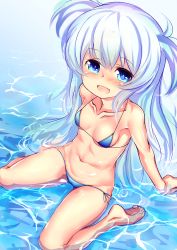 Rule 34 | 1girl, :d, baikamo (flower knight girl), bikini, blue bikini, blue eyes, blush, breasts, collarbone, flower knight girl, full body, long hair, looking at viewer, open mouth, partially submerged, side-tie bikini bottom, silver hair, sitting, small breasts, smile, solo, swimsuit, takabow, two side up, wariza, water