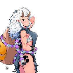 Rule 34 | 1girl, black eyes, blush stickers, breasts, colored skin, commentary, earrings, english commentary, from side, gourd, horns, japanese clothes, jewelry, large breasts, law kim, leg tattoo, long hair, looking at viewer, oni, original, pink skin, pointy ears, rope, sarashi, shimenawa, short eyebrows, sideboob, silver hair, sleeveless, smile, solo, tattoo, thighs, toned, white background