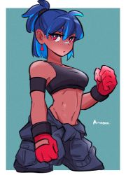 Rule 34 | 1girl, :o, amazu (kurozu), aoi (amazu), bare shoulders, black jumpsuit, blue background, blue hair, breasts, clenched hand, cropped legs, dark-skinned female, dark skin, earrings, gloves, hair between eyes, jewelry, jumpsuit, jumpsuit around waist, looking at viewer, medium breasts, navel, original, parted lips, ponytail, red eyes, red gloves, short eyebrows, signature, solo, sports bra, thick eyebrows, two-tone background, white background