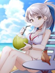 Rule 34 | 1girl, animal, beach, bikini, bird, breasts, brown eyes, chair, choker, cleavage, cloud, coconut, day, drink, drinking straw, fire emblem, fire emblem: radiant dawn, fire emblem heroes, front-tie bikini top, front-tie top, fruit cup, hair ribbon, kishiro azuhito, legs together, long hair, looking at viewer, medium breasts, micaiah (fire emblem), navel, nintendo, outdoors, ponytail, ribbon, scarf, sidelocks, silver hair, sitting, smile, solo, swimsuit, water, white bikini, wristband, yellow eyes, yune (fire emblem)
