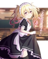 Rule 34 | 1girl, absurdres, alternate costume, apron, black dress, black thighhighs, blonde hair, blush, breasts, closed mouth, commentary request, dress, enmaided, frills, gradient hair, hair between eyes, highres, long hair, looking at viewer, maid, maid apron, maid headdress, medium breasts, multicolored hair, pink eyes, pink hair, project sekai, puffy sleeves, short sleeves, skirt hold, smile, solo, suzu (ng3mg), tenma saki, thighhighs, translation request, twintails, white apron