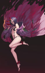 Rule 34 | 1girl, absurdres, ankle ribbon, breasts, breasts apart, cup, fate/grand order, fate (series), from side, full body, gradient background, hair ornament, highres, horns, jam (nandade), japanese clothes, leg ribbon, leg up, looking at viewer, navel, off shoulder, open clothes, parted lips, purple hair, revealing clothes, revision, ribbon, sakazuki, short hair, shuten douji (fate), shuten douji (first ascension) (fate), simple background, skin-covered horns, small breasts, solo, toeless legwear, toes, tsurime, wristband