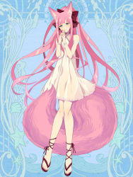 Rule 34 | 1girl, animal ears, blue eyes, bow, dairoku ryouhei, dress, fox ears, fox tail, full body, hair bow, halterneck, interlocked fingers, knees together feet apart, l (matador), long hair, looking at viewer, nail polish, own hands together, pink hair, pink nails, red bow, sandals, simple background, smile, solo, standing, tail, very long hair, white dress, wristband