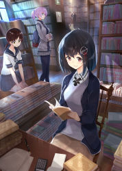 Rule 34 | 4girls, adapted costume, alternate costume, amami amayu, backpack, bag, black hair, black legwear, blue eyes, blue jacket, blue sailor collar, blue skirt, book, bookshelf, brown eyes, brown hair, brown skirt, calculator, chair, collared shirt, commentary request, grey jacket, haguro (kancolle), hair ornament, jacket, kantai collection, library, low twintails, multiple girls, neckerchief, ooyodo (kancolle), pantyhose, parted bangs, pen, pink hair, pleated skirt, ponytail, reading, remodel (kantai collection), sailor collar, school uniform, serafuku, shiranui (kancolle), shirayuki (kancolle), shirt, short hair, short ponytail, short twintails, sitting, skirt, sweater, twintails, white sweater