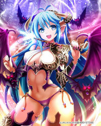 Rule 34 | 1girl, :d, antenna hair, bat (animal), blue eyes, breasts, contrapposto, copyright name, demon girl, demon wings, earrings, endless crusade, givuchoko, horns, jewelry, long hair, nail polish, navel, open mouth, original, panties, pink nails, pointy ears, purple panties, smile, standing, demon girl, thighhighs, underwear, wand, wings