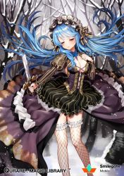 Rule 34 | 1girl, :o, black dress, blue hair, blush, bow, breasts, broken, broken weapon, cleavage, closed mouth, copyright name, dress, closed eyes, fishnet thighhighs, fishnets, floating hair, flower, frilled hairband, frills, gambe, hair bow, hairband, holding, holding sword, holding weapon, juliet sleeves, lens flare, long hair, long sleeves, medium breasts, mole, mole under eye, official art, puffy sleeves, qurare magic library, red bow, red flower, red rose, rose, skull, solo, standing, sword, thighhighs, watermark, weapon