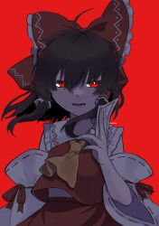 Rule 34 | 1girl, absurdres, ascot, bare shoulders, black hair, bow, detached sleeves, hair between eyes, hair bow, hair tubes, hakurei reimu, highres, japanese clothes, long hair, nontraditional miko, open mouth, red background, red bow, red eyes, red skirt, ribbon-trimmed sleeves, ribbon trim, sidelocks, simple background, skirt, solo, touhou, upper body, uzuki (amayadori), white sleeves, wide sleeves, yellow ascot