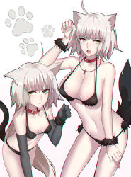 Rule 34 | 2girls, ahoge, animal ears, arm up, bare arms, bare shoulders, belt collar, bikini, black bikini, black gloves, blush, breasts, cat ears, cat tail, chromatic aberration, cleavage, closed mouth, collar, collarbone, commentary, dog tail, elbow gloves, fate/grand order, fate (series), fur trim, gloves, groin, hair between eyes, halterneck, hand up, highres, jeanne d&#039;arc (fate), jeanne d&#039;arc alter (avenger) (fate), jeanne d&#039;arc alter (fate), jeanne d&#039;arc alter santa lily (fate), jewelry, kemonomimi mode, large breasts, leaning forward, long hair, looking at viewer, medium hair, multiple girls, navel, necklace, open mouth, pale skin, paw pose, paw print, red collar, shigure s, shiny skin, silver hair, slit pupils, small breasts, standing, stomach, swimsuit, tail, tsurime, v-shaped eyebrows, v-shaped eyes, very long hair, white background, wrist cuffs, yellow eyes