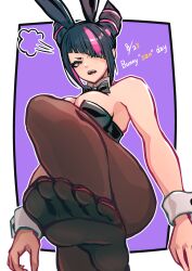 Rule 34 | 1girl, absurdres, alternate costume, animal ears, ap cammy, bare shoulders, black bow, black bowtie, black hair, black hairband, black leotard, blunt bangs, border, bow, bowtie, breasts, brown pantyhose, cleavage, commentary request, dated, detached collar, english text, fake animal ears, feet, foot focus, foot out of frame, foreshortening, green eyes, hair horns, hair ornament, hair over one eye, hairband, han juri, heterochromia, highres, knee up, large breasts, leotard, medium hair, multicolored hair, no shoes, open mouth, pantyhose, pink hair, playboy bunny, purple background, rabbit ears, red eyes, short eyebrows, sidelocks, soles, solo, standing, standing on one leg, strapless, strapless leotard, streaked hair, street fighter, street fighter 6, teeth, toes, upper teeth only, white border, wrist cuffs